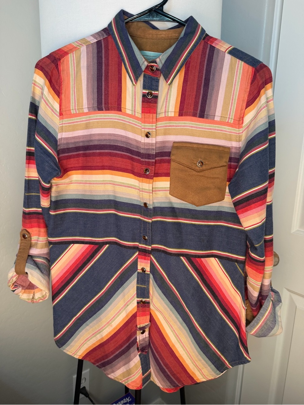 Tasha Polizzi Multicolor Striped Button-Down Shirt with Brown Pocket
